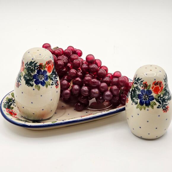 Colorful Polish Pottery Salt and Pepper Set by Boleslawiec-Garden Party Pattern - Picture 1 of 8